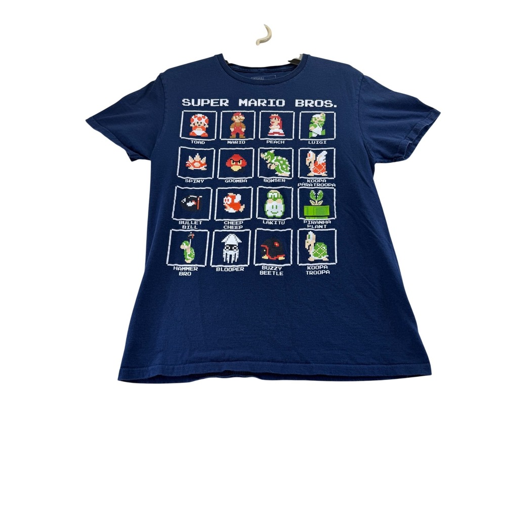 Nintendo T-Shirt Mens Small Blue Super Mario Bros 8-Bit Pixel Character Grid Tee